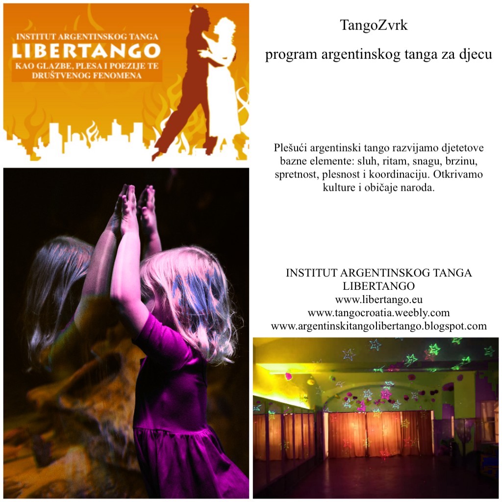   Plešući razvijamo djetetove bazne elemente: sluh, ritam, snagu, brzinu, spretnost, plesnost i koordinaciju. S argentinskim tangom otkrivamo kulture i običaje naroda.   Slušamo, gledamo, glumimo, stvaramo, družimo i igramo se.   🦋  Razgibajmo, zaplešimo, učimo i stvarajmo uz svijet u svijetu TangoZvrk - dječji plesni program argentinskog tanga.   🤗   Inovativni program prvi takve vrste u svijetu.   🎨   Vježbe plesnih pokreta argentinskog tanga odvijaju se uz glazbu prilagođenu djeci. Ona je često popraćena pričom u kojoj djeca pokretom aktivno sudjeluju. Pokretima ovog plesa imitiraju svijet koji nas okružuje i nadograđuju svoje kognitivne vještine.  Institut argentinskog tanga LiberTango